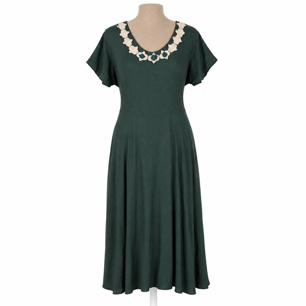 Vintage 90s Crochet Lace Rosette Maxi Dress Sz L Green Prairie Cottagecore Retro